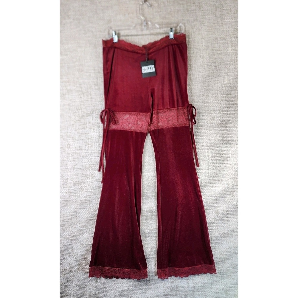 Pretty Damage Velour Lace‎ Pants Womens L Red Pull On Stretch Flare NWT